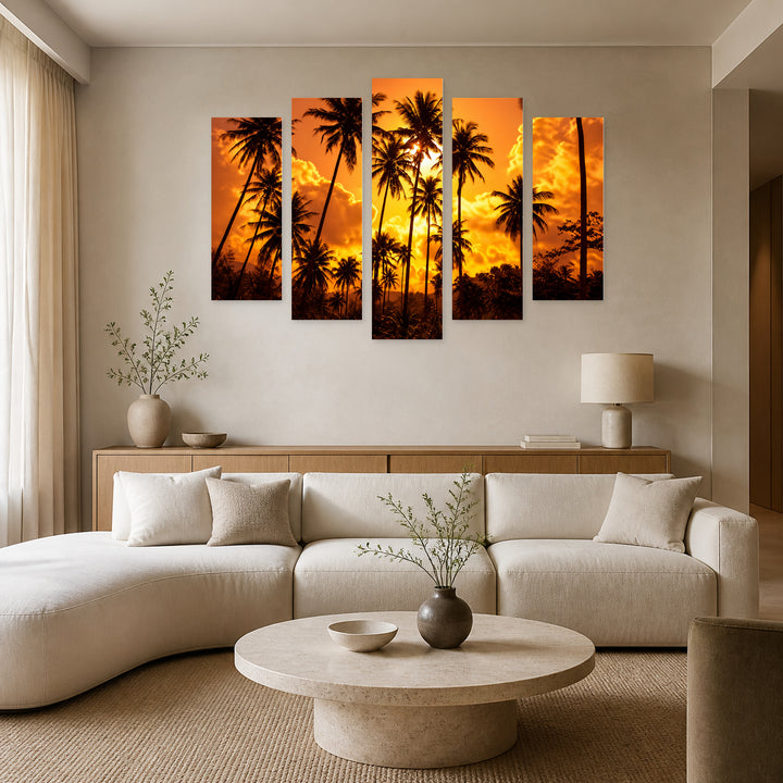 Golden Palms at Tropical Sunset — five-panel wall art in frontal interior | 5wallart 56891 M3