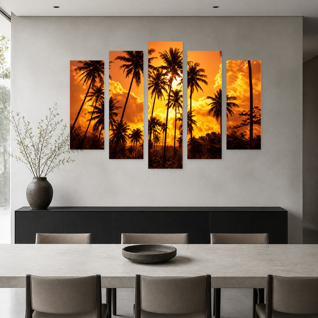 Golden Palms at Tropical Sunset — five-panel wall art in alternate frontal interior | 5wallart 56891 M4