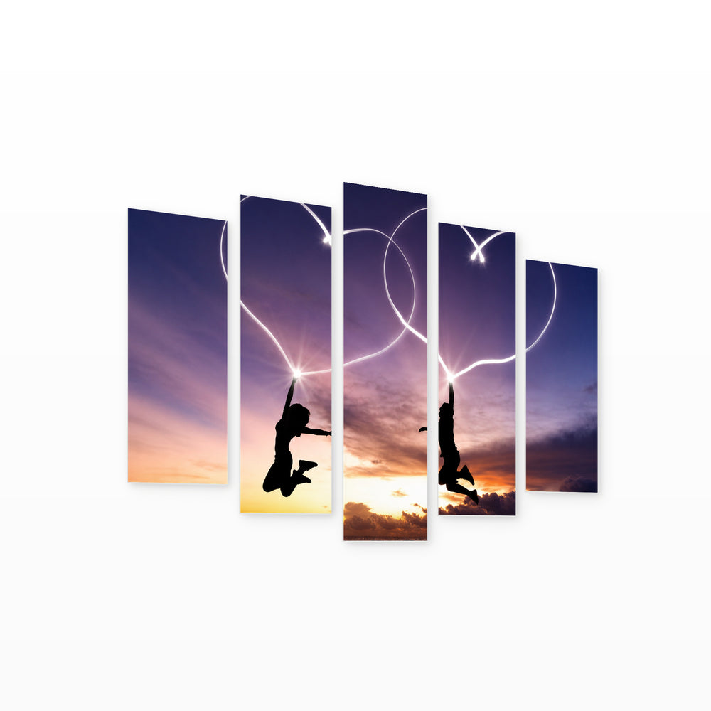Young Couple Painting Hearts Contemporary Study — five-panel wall art on white background in perspective | 5wallart 56892 M1