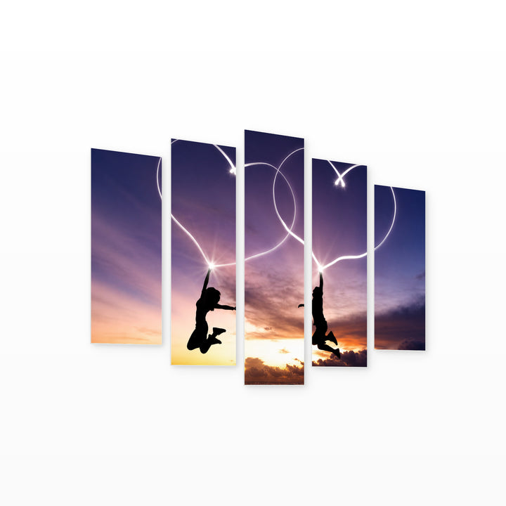 Young Couple Painting Hearts Contemporary Study — five-panel wall art on white background in perspective | 5wallart 56892 M1