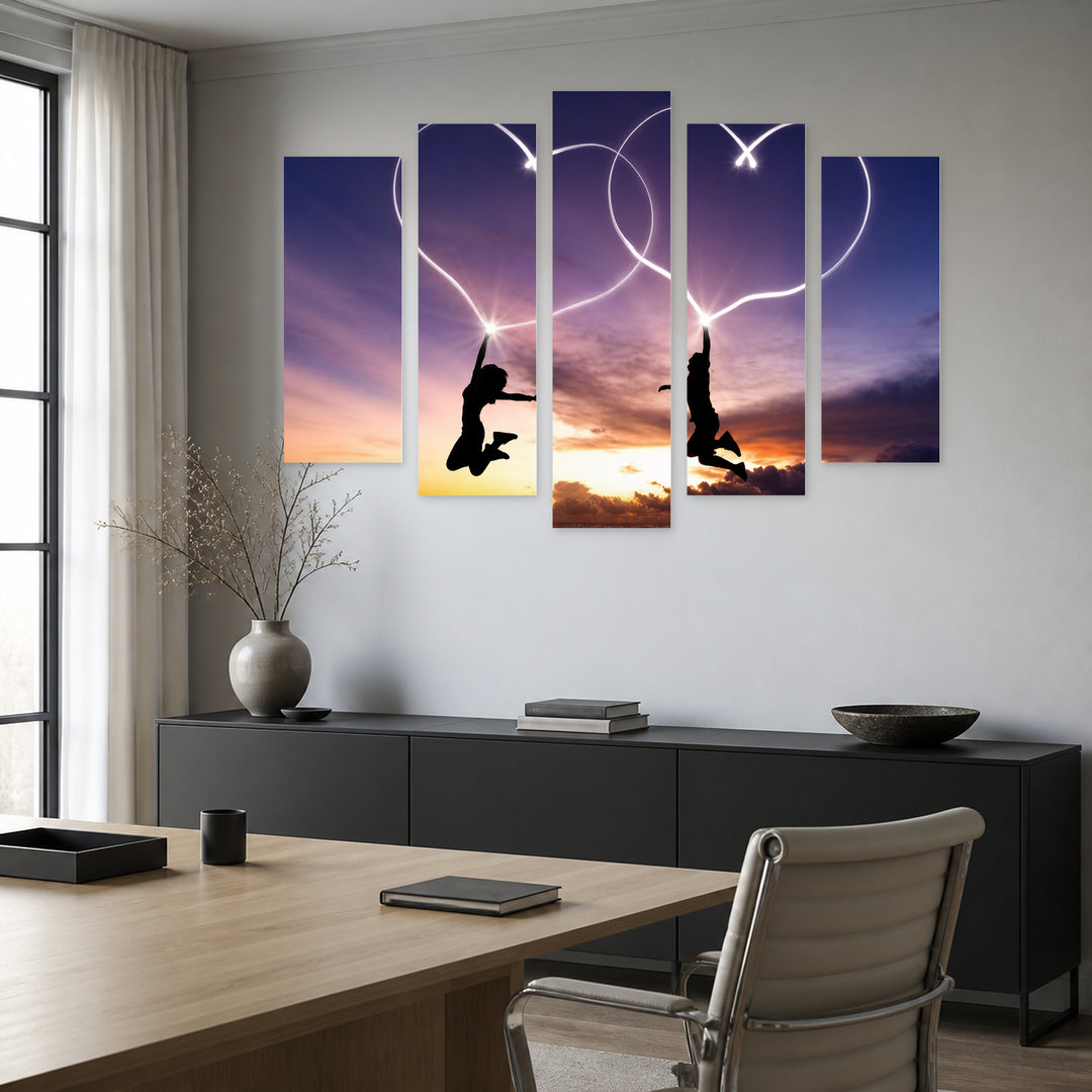 Young Couple Painting Hearts Contemporary Study — five-panel wall art in frontal interior | 5wallart 56892 M3