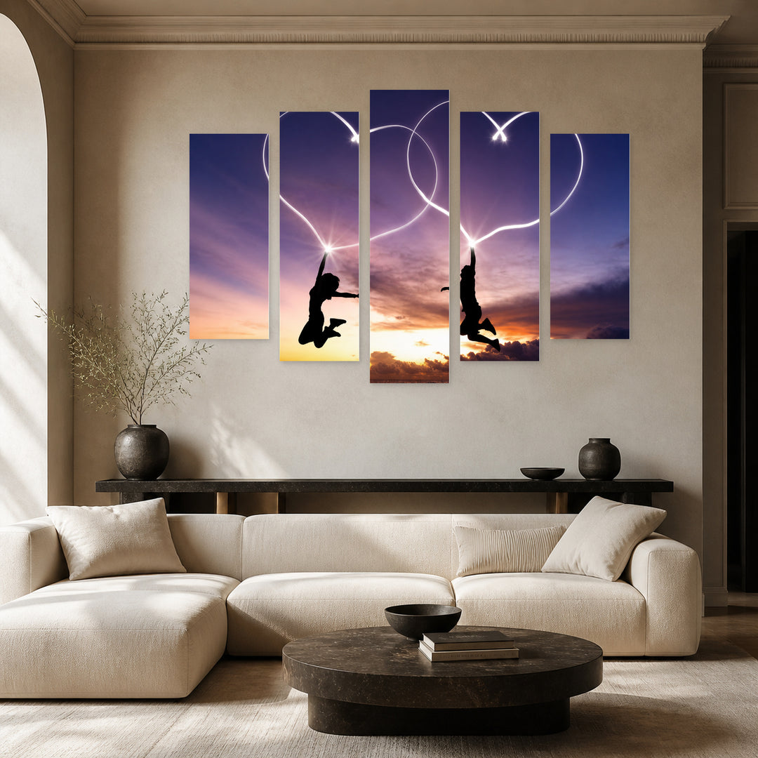 Young Couple Painting Hearts Contemporary Study — five-panel wall art in alternate frontal interior | 5wallart 56892 M4