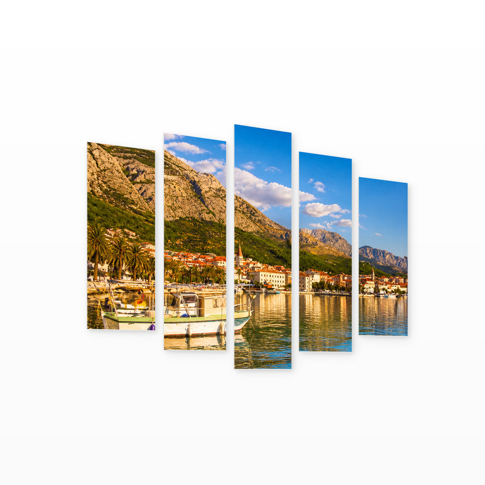 Coastline in Blue and Gold — five-panel wall art on white background in perspective | 5wallart 56893 M1