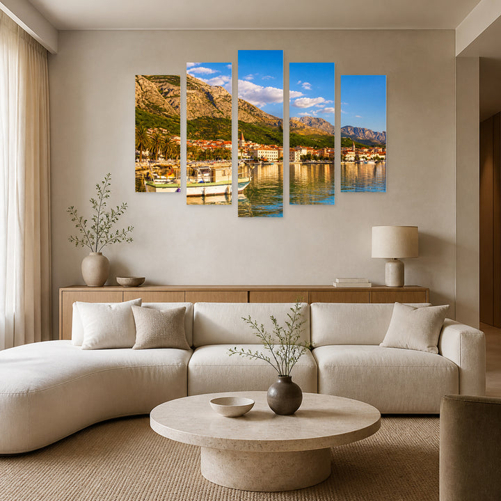 Coastline in Blue and Gold — five-panel wall art in frontal interior | 5wallart 56893 M3