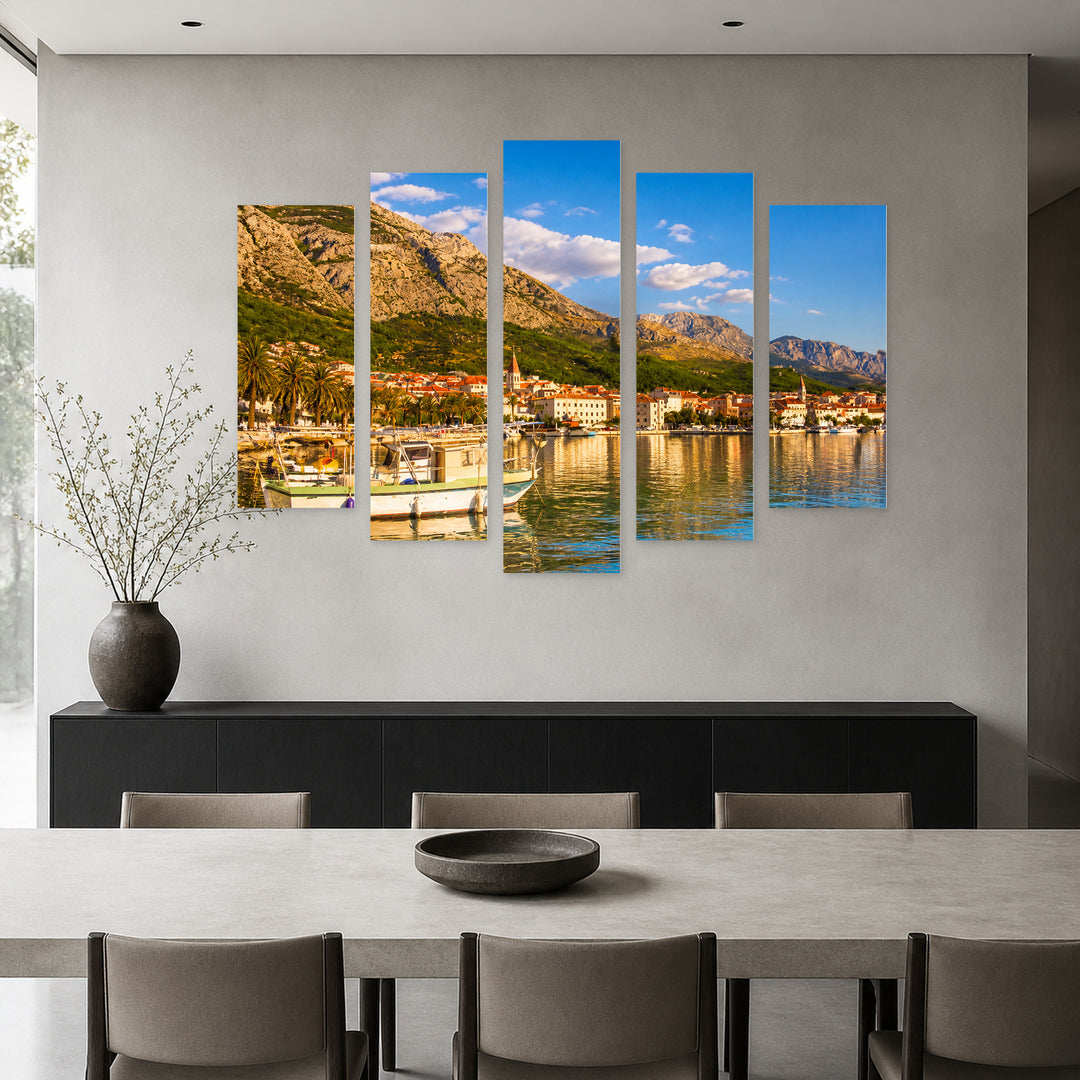 Coastline in Blue and Gold — five-panel wall art in alternate frontal interior | 5wallart 56893 M4