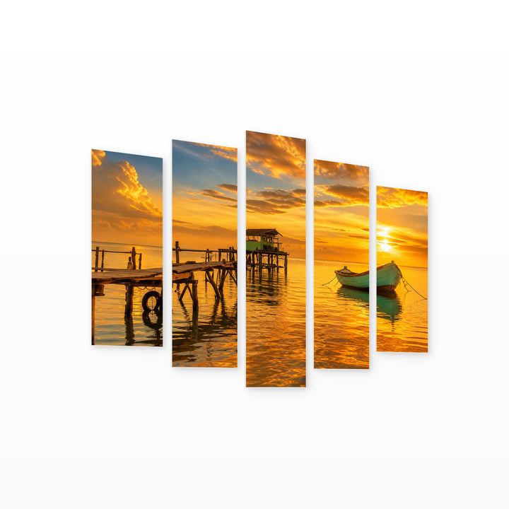 House in the Sea at Golden Sunset — five-panel wall art on white background in perspective | 5wallart 57004 M1