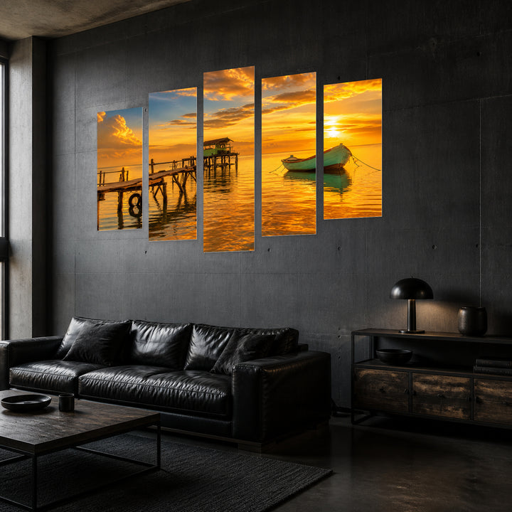 House in the Sea at Golden Sunset — five-panel wall art in perspective interior | 5wallart 57004 M2