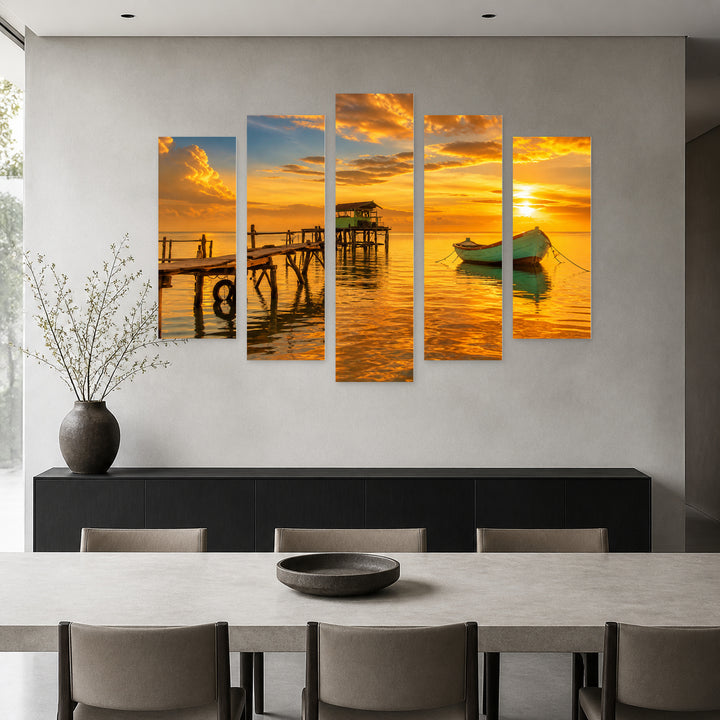 House in the Sea at Golden Sunset — five-panel wall art in frontal interior | 5wallart 57004 M3