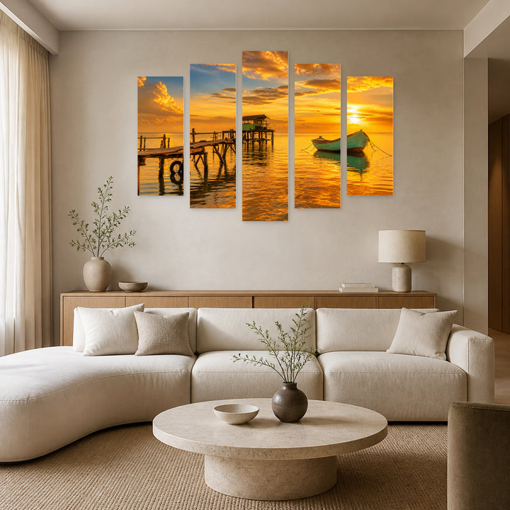 House in the Sea at Golden Sunset — five-panel wall art in alternate frontal interior | 5wallart 57004 M4