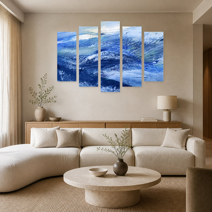Stormy Sea Abstraction with Geometric Rhythm — five-panel wall art in frontal interior | 5wallart 57007 M3