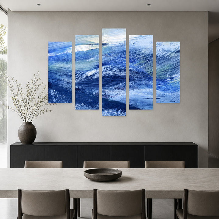 Stormy Sea Abstraction with Geometric Rhythm — five-panel wall art in alternate frontal interior | 5wallart 57007 M4