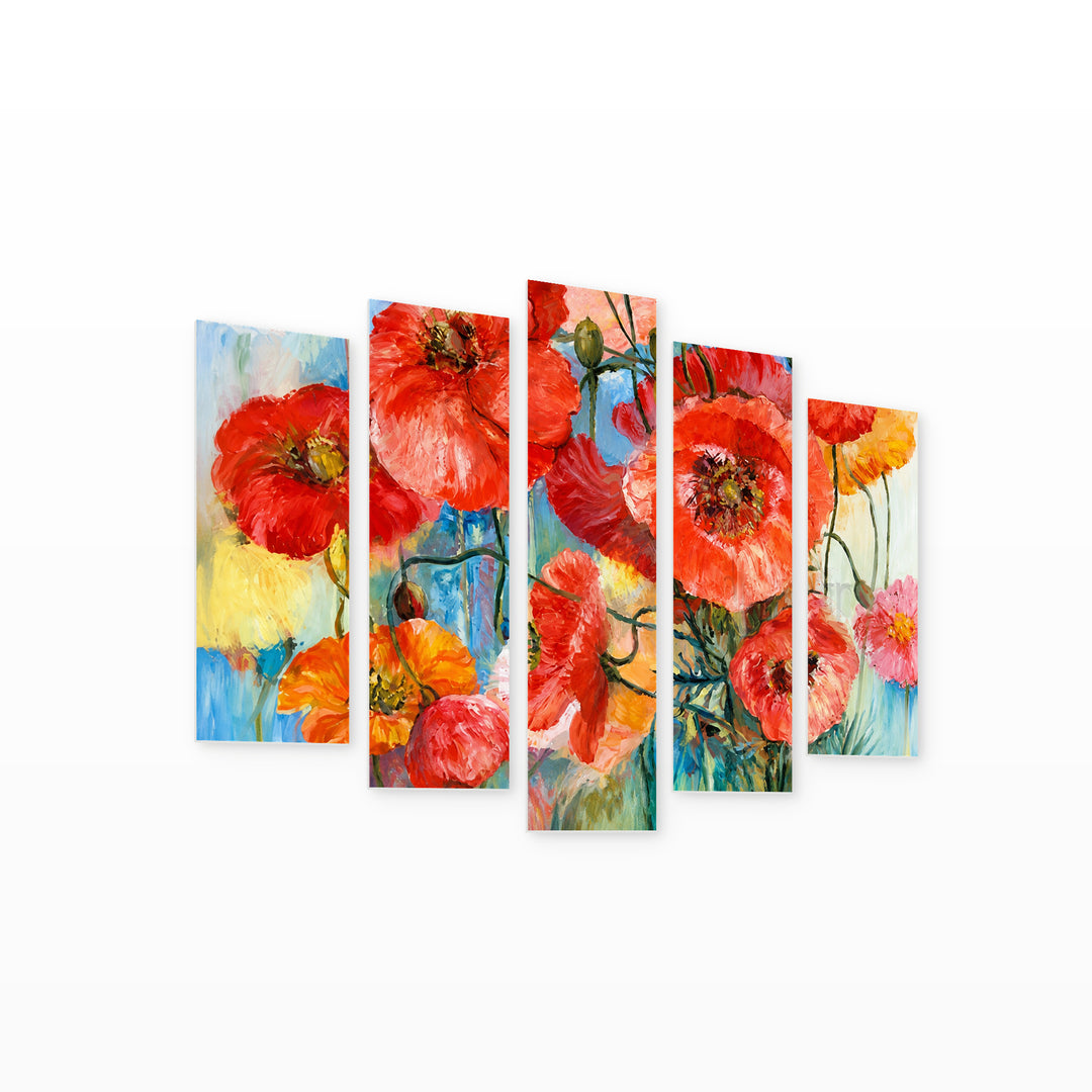 Poppy in Serene Light — five-panel wall art on white background in perspective | 5wallart 57010 M1