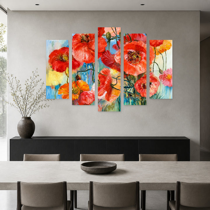 Poppy in Serene Light — five-panel wall art in frontal interior | 5wallart 57010 M3