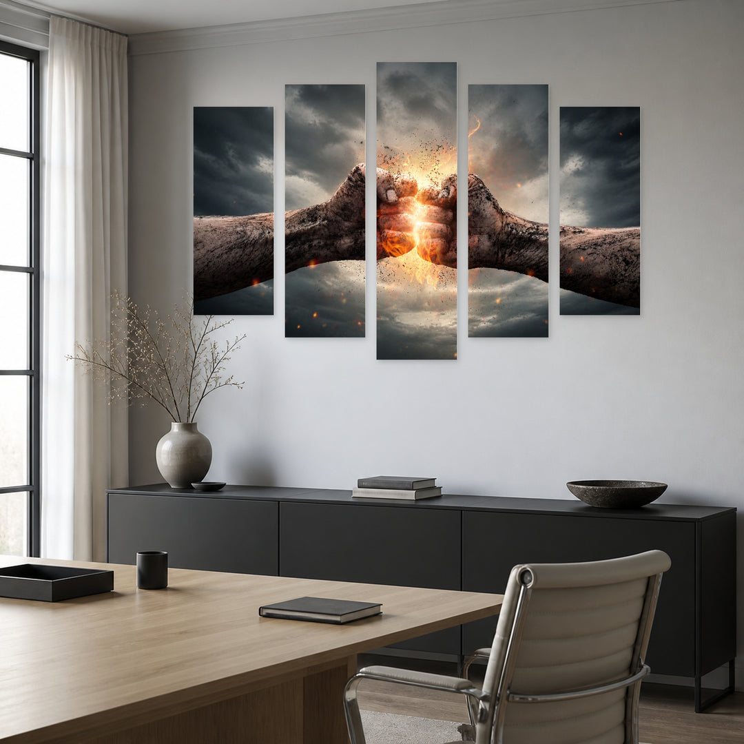 Clash with Geometric Rhythm — five-panel wall art in frontal interior | 5wallart 57016 M3
