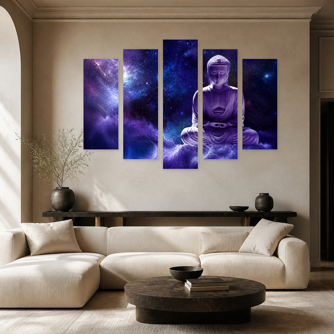 Cosmic Buddha in Serene Light — five-panel wall art in alternate frontal interior | 5wallart 57018 M4