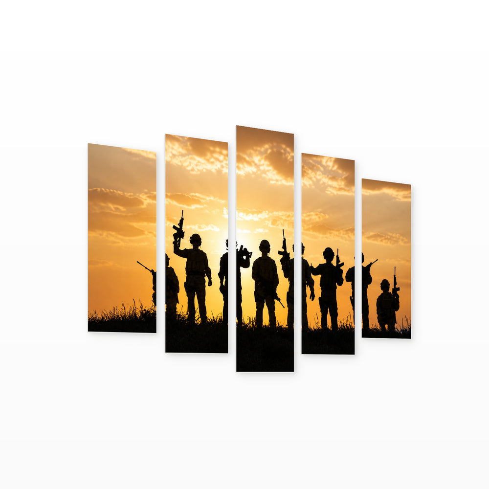 Golden Sunset over Soldiers — five-panel wall art on white background in perspective | 5wallart 57019 M1