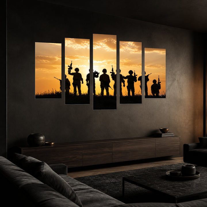 Golden Sunset over Soldiers — five-panel wall art in perspective interior | 5wallart 57019 M2