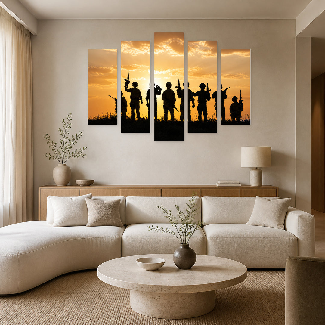 Golden Sunset over Soldiers — five-panel wall art in frontal interior | 5wallart 57019 M3