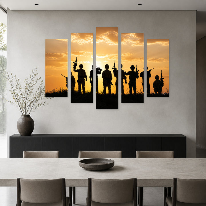 Golden Sunset over Soldiers — five-panel wall art in alternate frontal interior | 5wallart 57019 M4