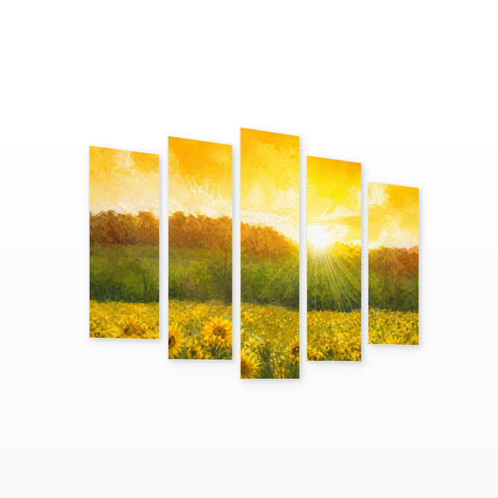 Sea of Sunflowers Botanical Study — five-panel wall art on white background in perspective | 5wallart 57022 M1