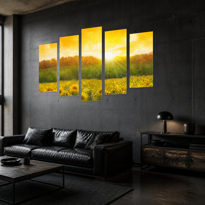 Sea of Sunflowers Botanical Study — five-panel wall art in perspective interior | 5wallart 57022 M2