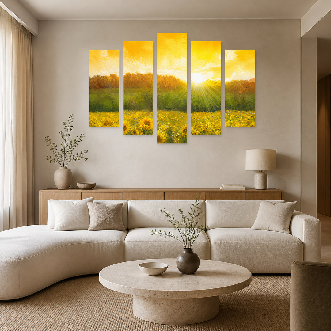Sea of Sunflowers Botanical Study — five-panel wall art in alternate frontal interior | 5wallart 57022 M4
