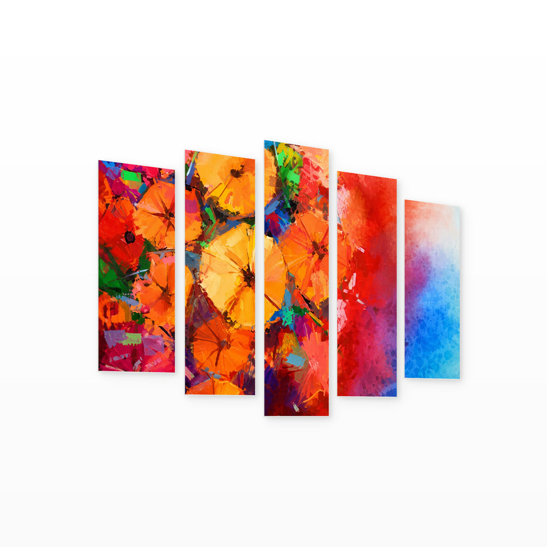 Umbrellas in Vivid Color — five-panel wall art on white background in perspective | 5wallart 57024 M1