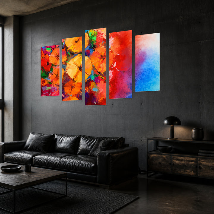 Umbrellas in Vivid Color — five-panel wall art in perspective interior | 5wallart 57024 M2