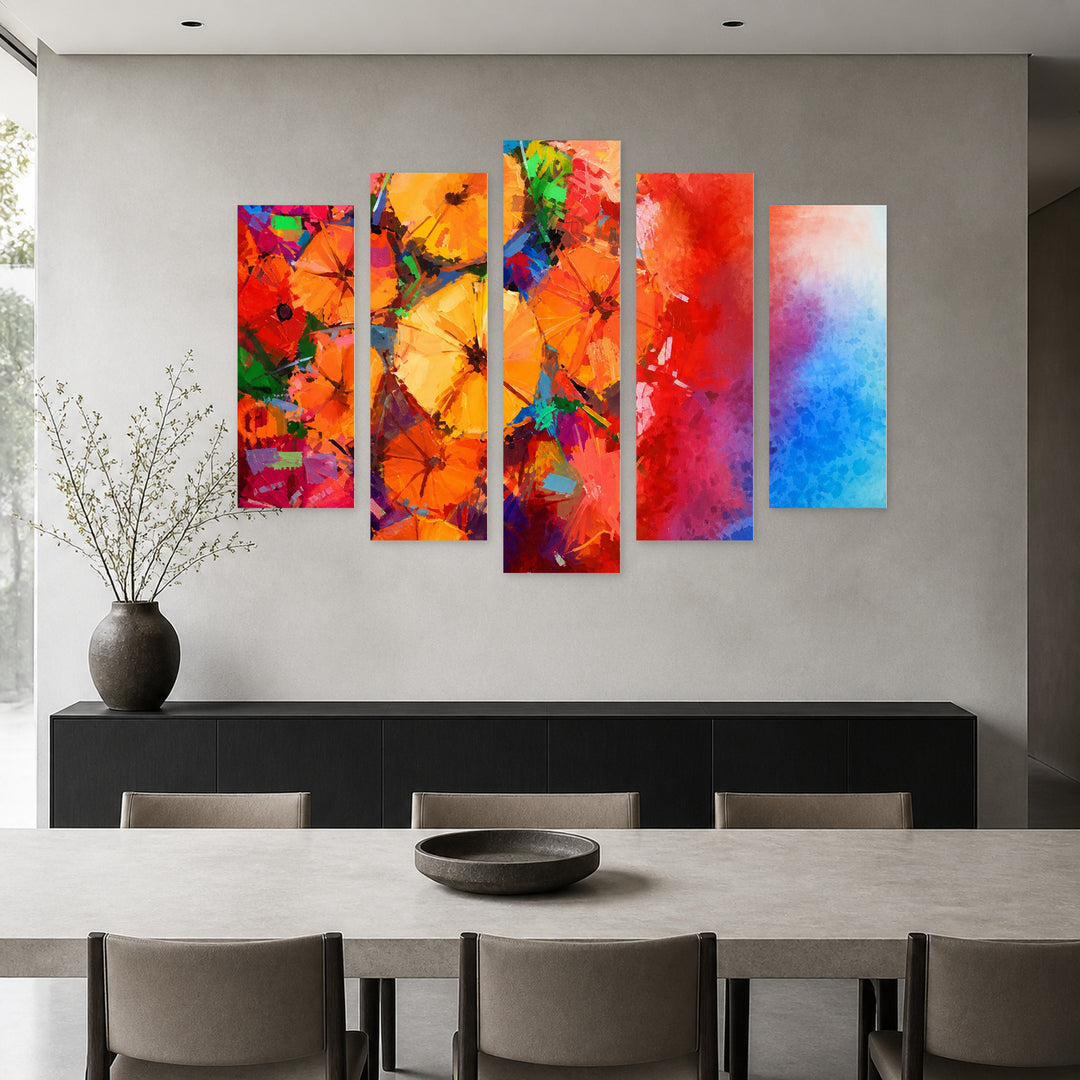Umbrellas in Vivid Color — five-panel wall art in frontal interior | 5wallart 57024 M3