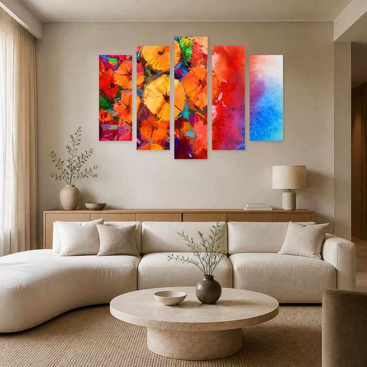 Umbrellas in Vivid Color — five-panel wall art in alternate frontal interior | 5wallart 57024 M4