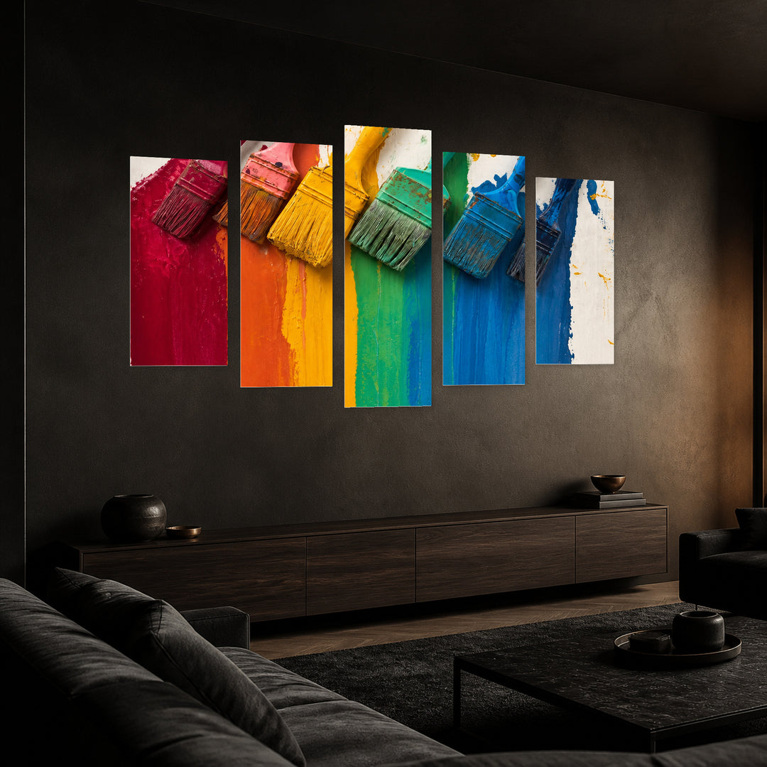 Brushes in Serene Light — five-panel wall art in perspective interior | 5wallart 57025 M2