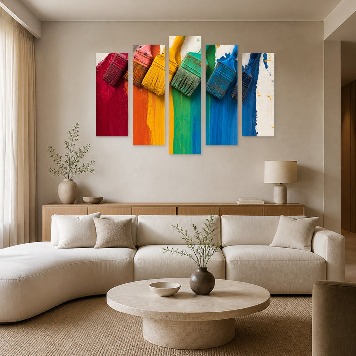 Brushes in Serene Light — five-panel wall art in frontal interior | 5wallart 57025 M3