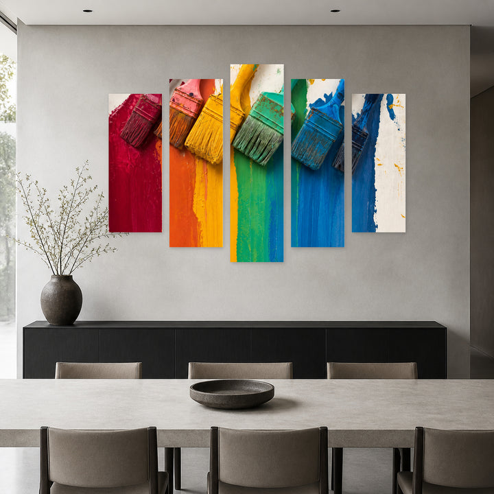 Brushes in Serene Light — five-panel wall art in alternate frontal interior | 5wallart 57025 M4