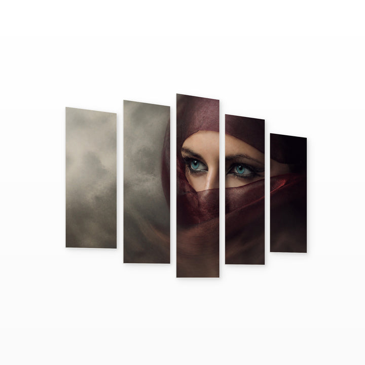 Blue Eyes with Geometric Rhythm — five-panel wall art on white background in perspective | 5wallart 57028 M1