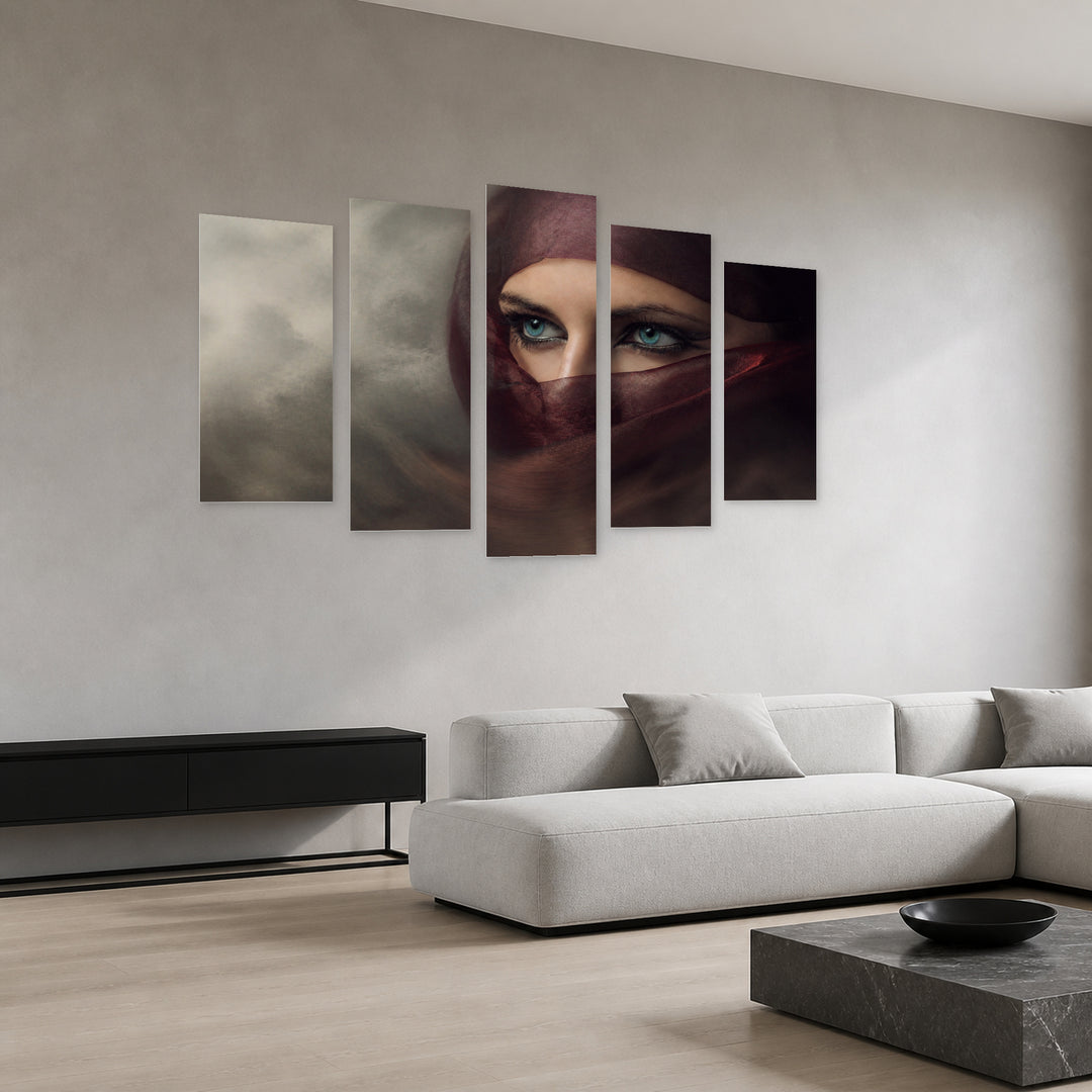 Blue Eyes with Geometric Rhythm — five-panel wall art in perspective interior | 5wallart 57028 M2