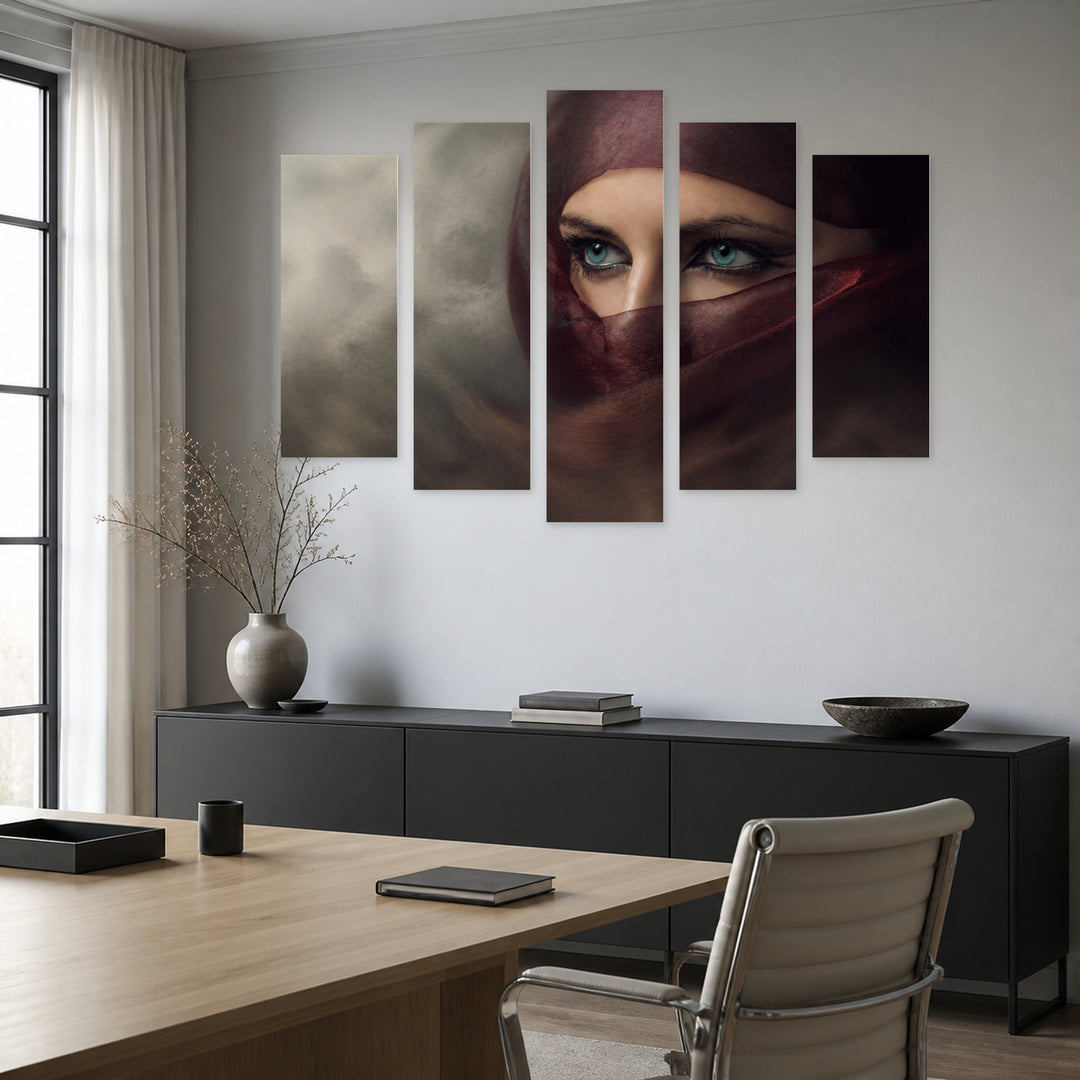 Blue Eyes with Geometric Rhythm — five-panel wall art in frontal interior | 5wallart 57028 M3