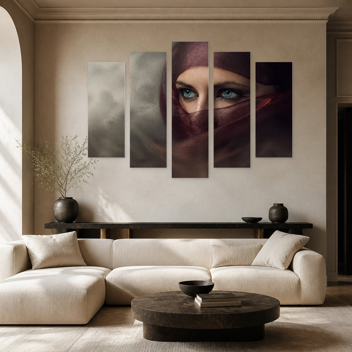 Blue Eyes with Geometric Rhythm — five-panel wall art in alternate frontal interior | 5wallart 57028 M4