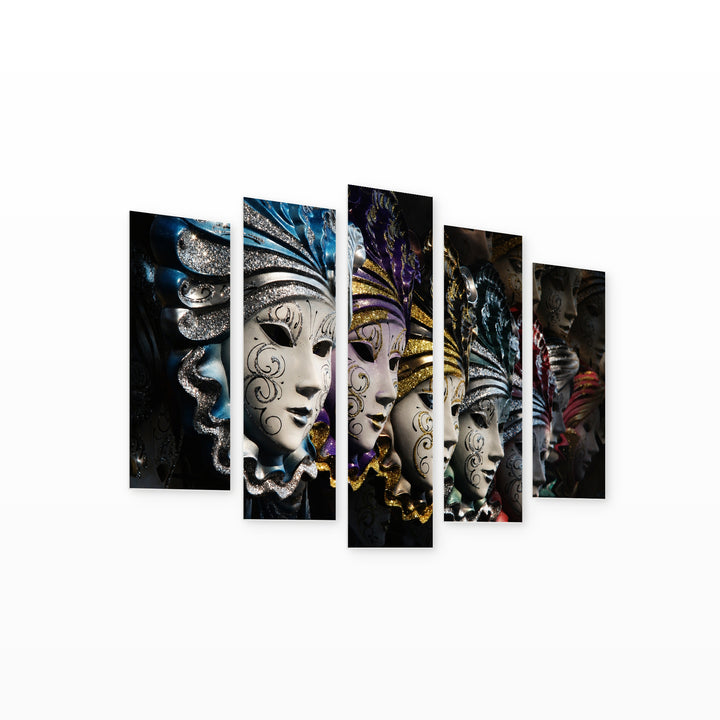 Masks in Blue and Gold — five-panel wall art on white background in perspective | 5wallart 57034 M1