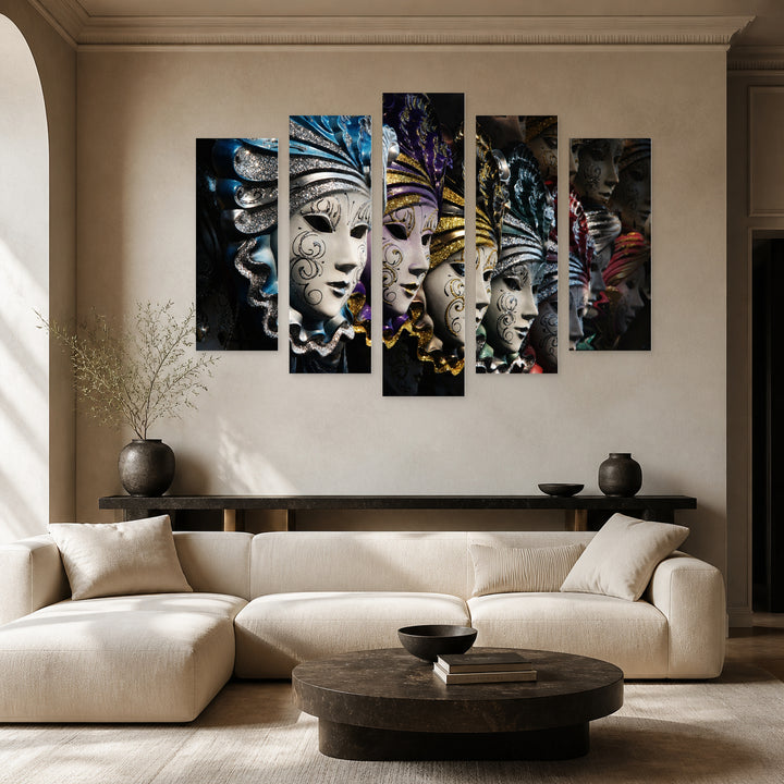 Masks in Blue and Gold — five-panel wall art in alternate frontal interior | 5wallart 57034 M4