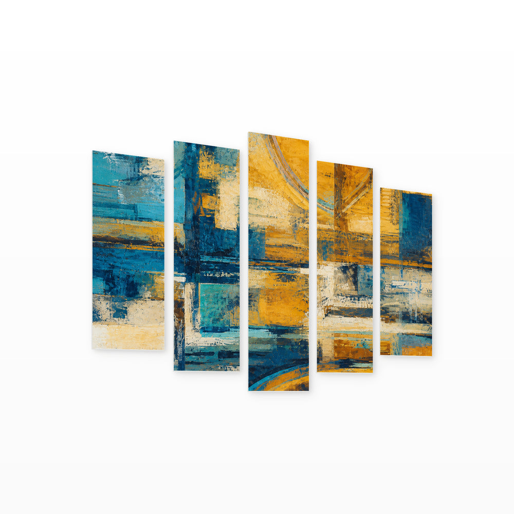 Abstract Fields in Blue and Gold — five-panel wall art on white background in perspective | 5wallart 57035 M1