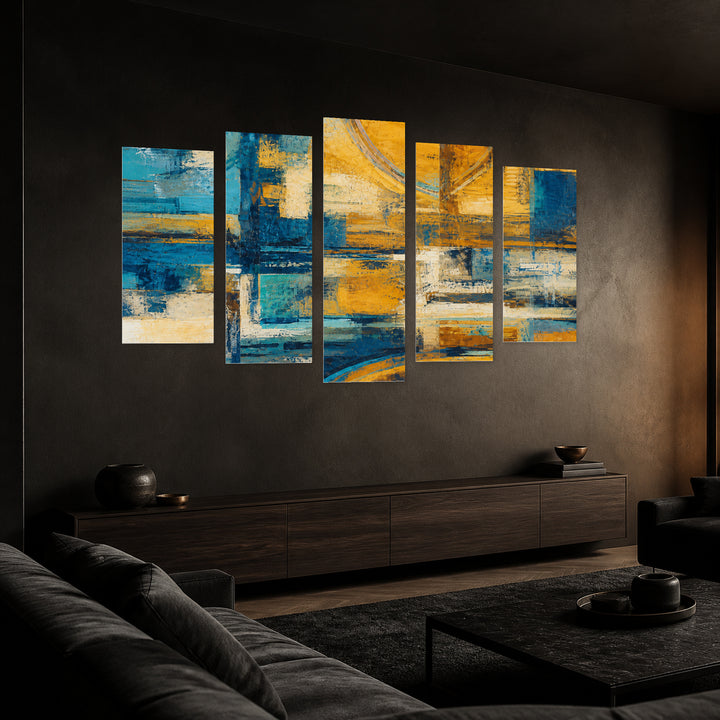 Abstract Fields in Blue and Gold — five-panel wall art in perspective interior | 5wallart 57035 M2