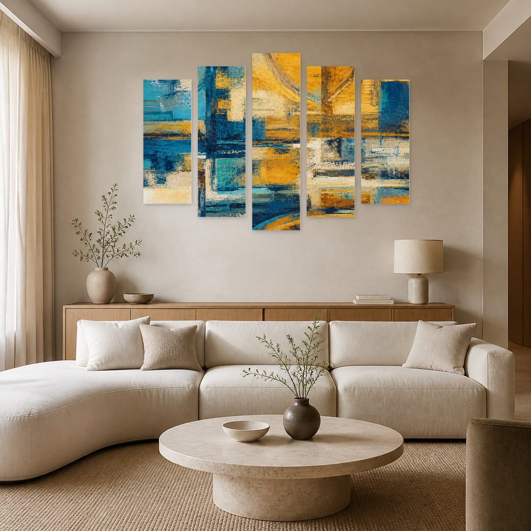 Abstract Fields in Blue and Gold — five-panel wall art in frontal interior | 5wallart 57035 M3