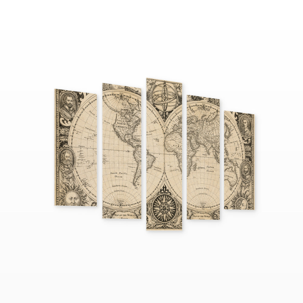 Retro Map with Dreamlike Atmosphere — five-panel wall art on white background in perspective | 5wallart 57039 M1