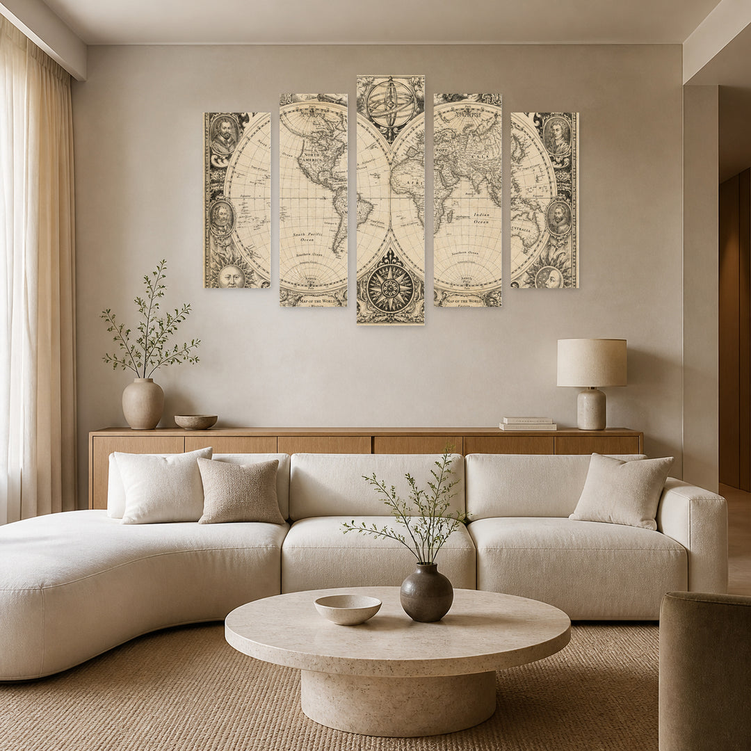 Retro Map with Dreamlike Atmosphere — five-panel wall art in frontal interior | 5wallart 57039 M3