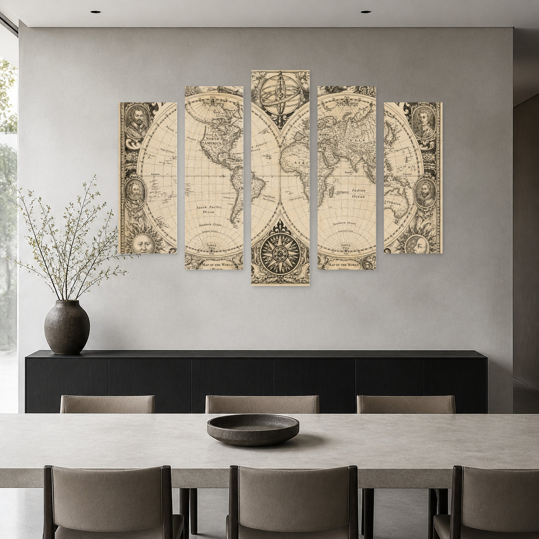 Retro Map with Dreamlike Atmosphere — five-panel wall art in alternate frontal interior | 5wallart 57039 M4