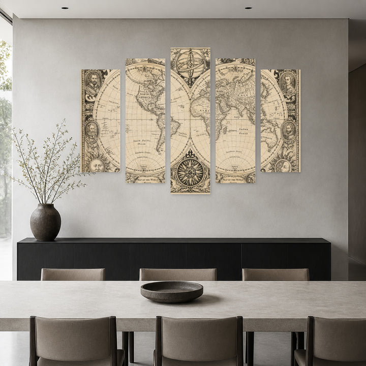 Retro Map with Dreamlike Atmosphere — five-panel wall art in alternate frontal interior | 5wallart 57039 M4