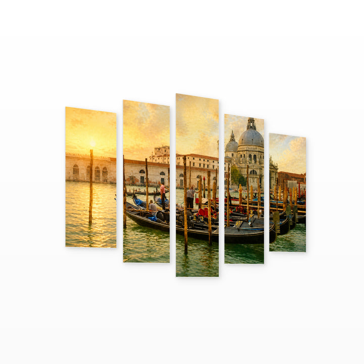 Boats at Sunrise — five-panel wall art on white background in perspective | 5wallart 57041 M1