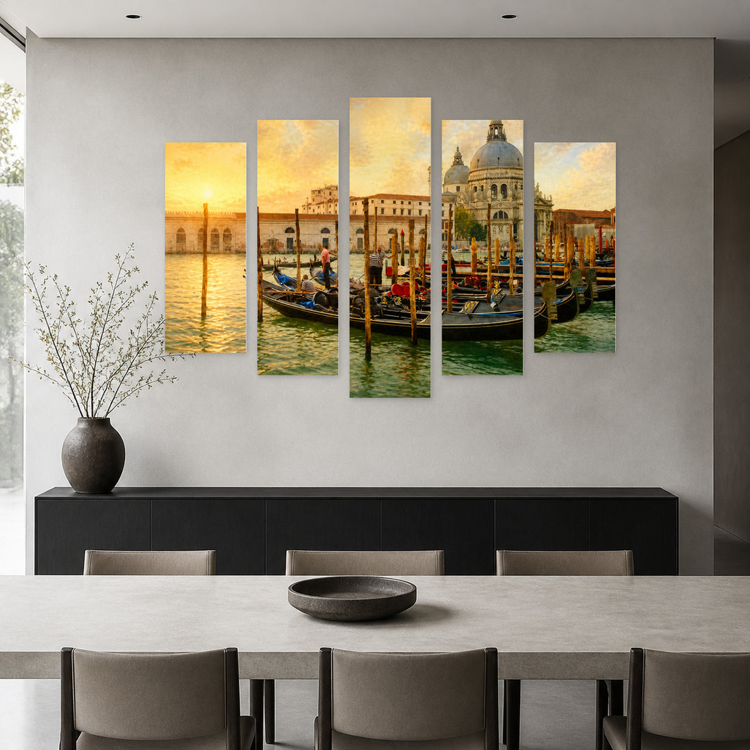 Boats at Sunrise — five-panel wall art in alternate frontal interior | 5wallart 57041 M4