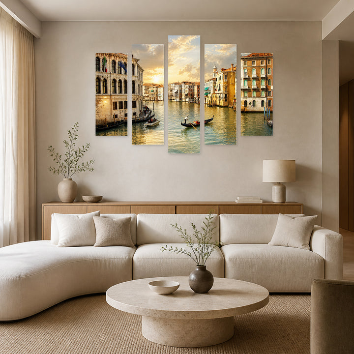 Oil Gondola in Serene Light — five-panel wall art in alternate frontal interior | 5wallart 57044 M4