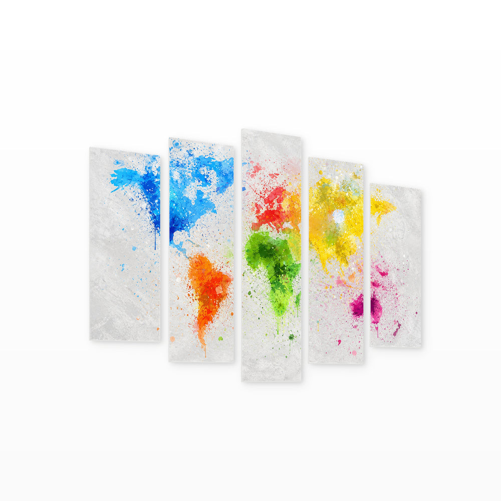 Abstract World Map with Geometric Rhythm — five-panel wall art on white background in perspective | 5wallart 57050 M1